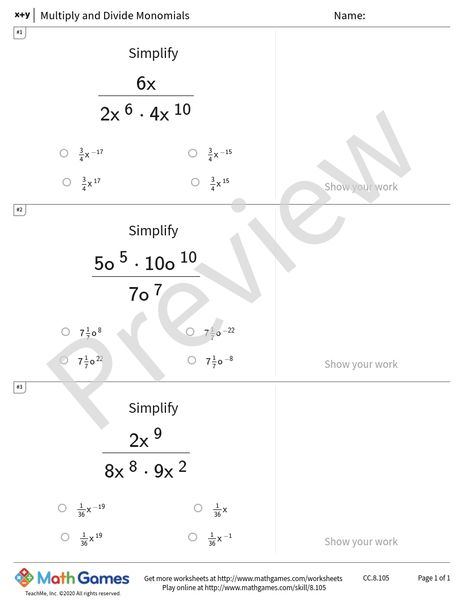 Sample full worksheet preview for Multiply and Divide Monomials