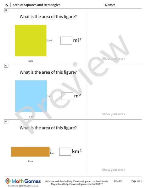 Sample full worksheet preview for Area of Squares and Rectangles