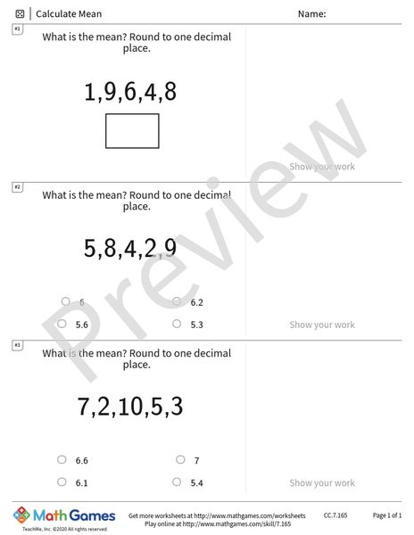 Sample full worksheet preview for Calculate Mean