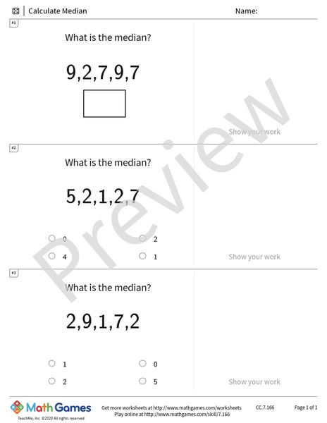 Sample full worksheet preview for Calculate Median
