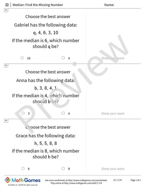 Sample full worksheet preview for Median: Find the Missing Number