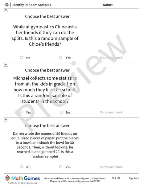Sample full worksheet preview for Identify Random Samples