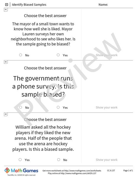 Sample full worksheet preview for Identify Biased Samples