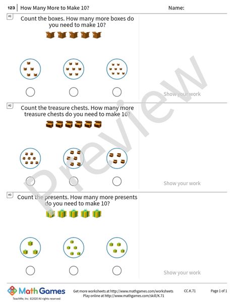 Sample full worksheet preview for How Many More to Make 10?