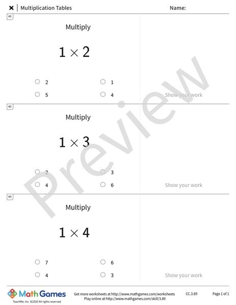 Sample full worksheet preview for Multiplication Tables