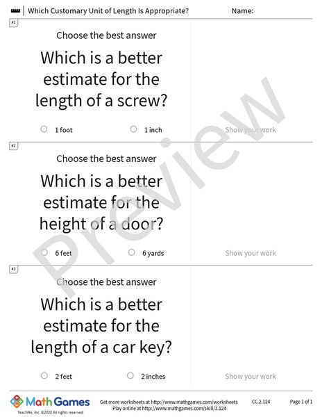 Sample full worksheet preview for Which Customary Unit of Length Is Appropriate?