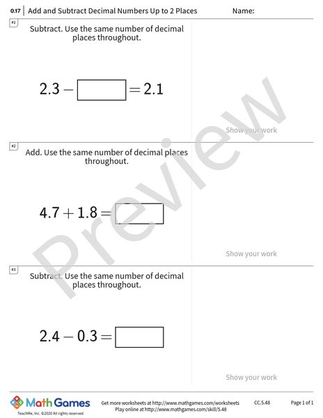 Sample full worksheet preview for Add and Subtract Decimal Numbers Up to 2 Places