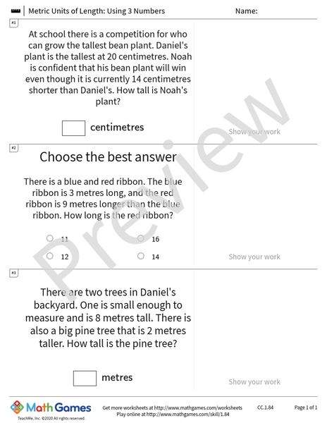 Sample full worksheet preview for Metric Units of Length: Using 3 Numbers