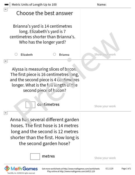 Sample full worksheet preview for Metric Units of Length Up to 100
