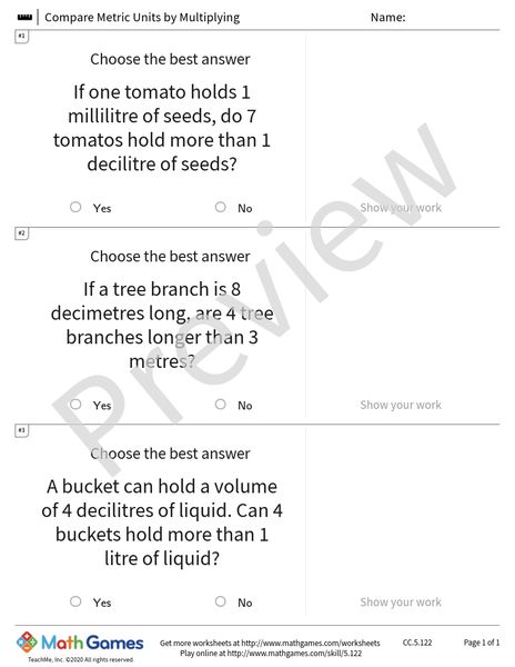 Sample full worksheet preview for Compare Metric Units by Multiplying