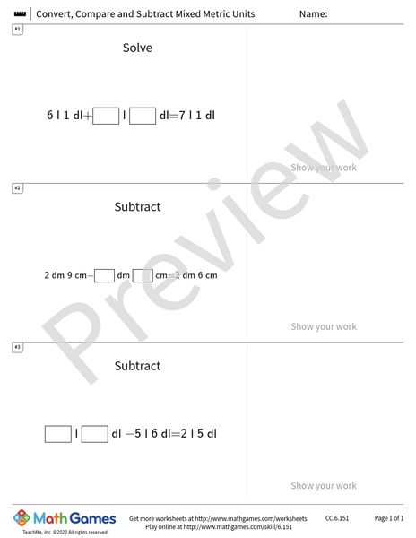 Sample full worksheet preview for Convert, Compare and Subtract Mixed Metric Units