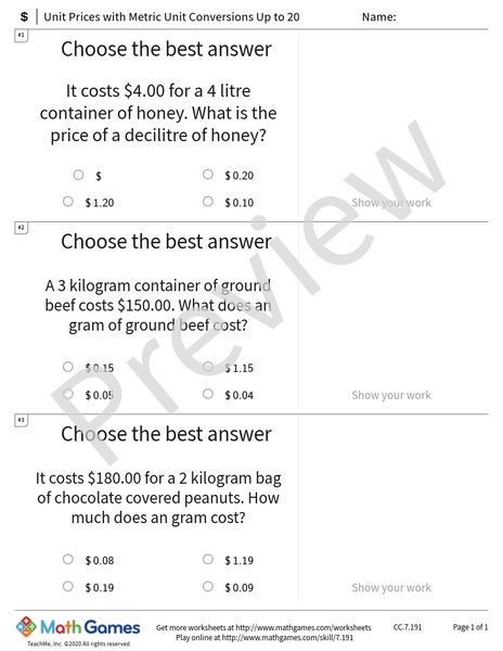 Sample full worksheet preview for Unit Prices with Metric Unit Conversions Up to 20