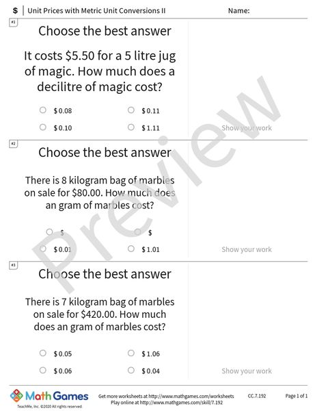 Sample full worksheet preview for Unit Prices with Metric Unit Conversions II